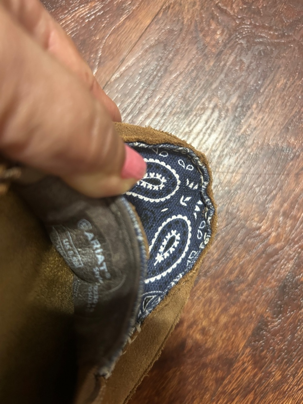 Ariat Brown Suede Slip-On Slippers with Navy Bandana Toe - Picture 7 of 7